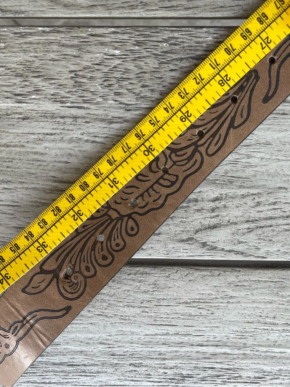 Western Tooled Faux Leather Belt with Decorative Longhorn Buckle - Brown